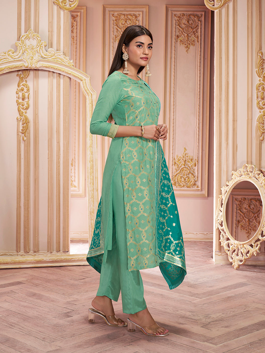 Sea Green Meena Keri Design Jacquard Kurta Suit Set Product vendor