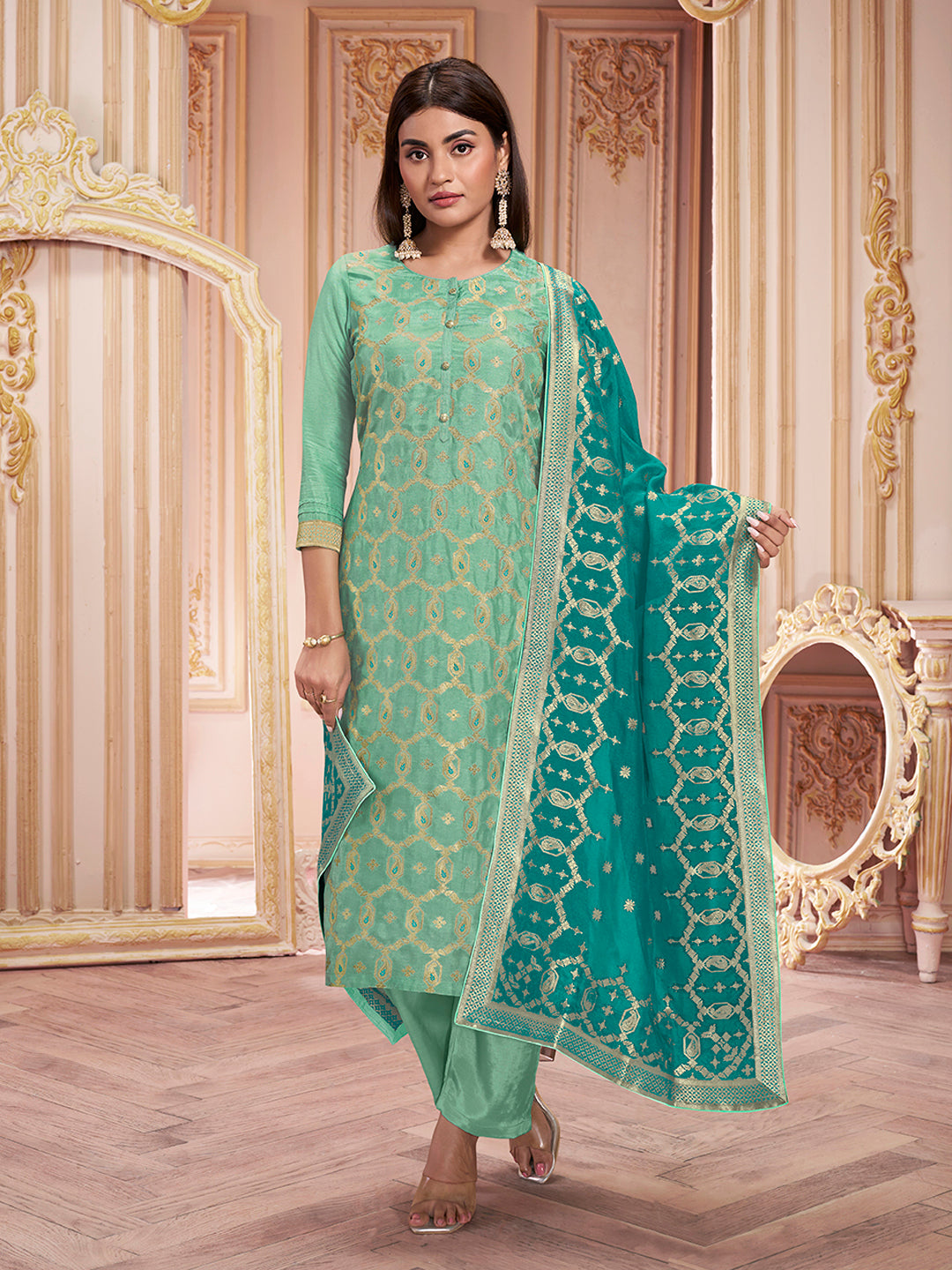 Sea Green Meena Keri Design Jacquard Kurta Suit Set Product vendor