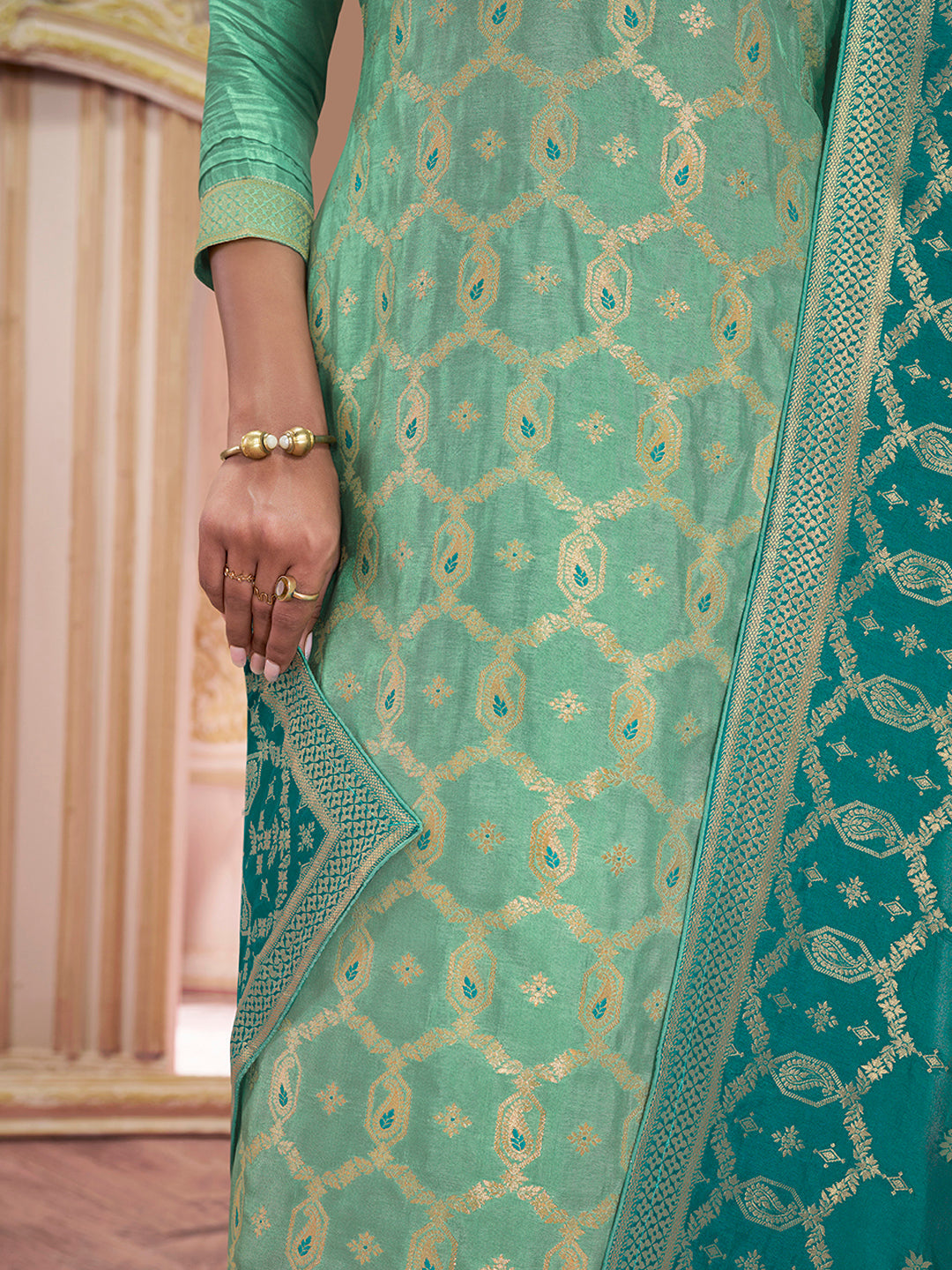 Sea Green Meena Keri Design Jacquard Kurta Suit Set Product vendor