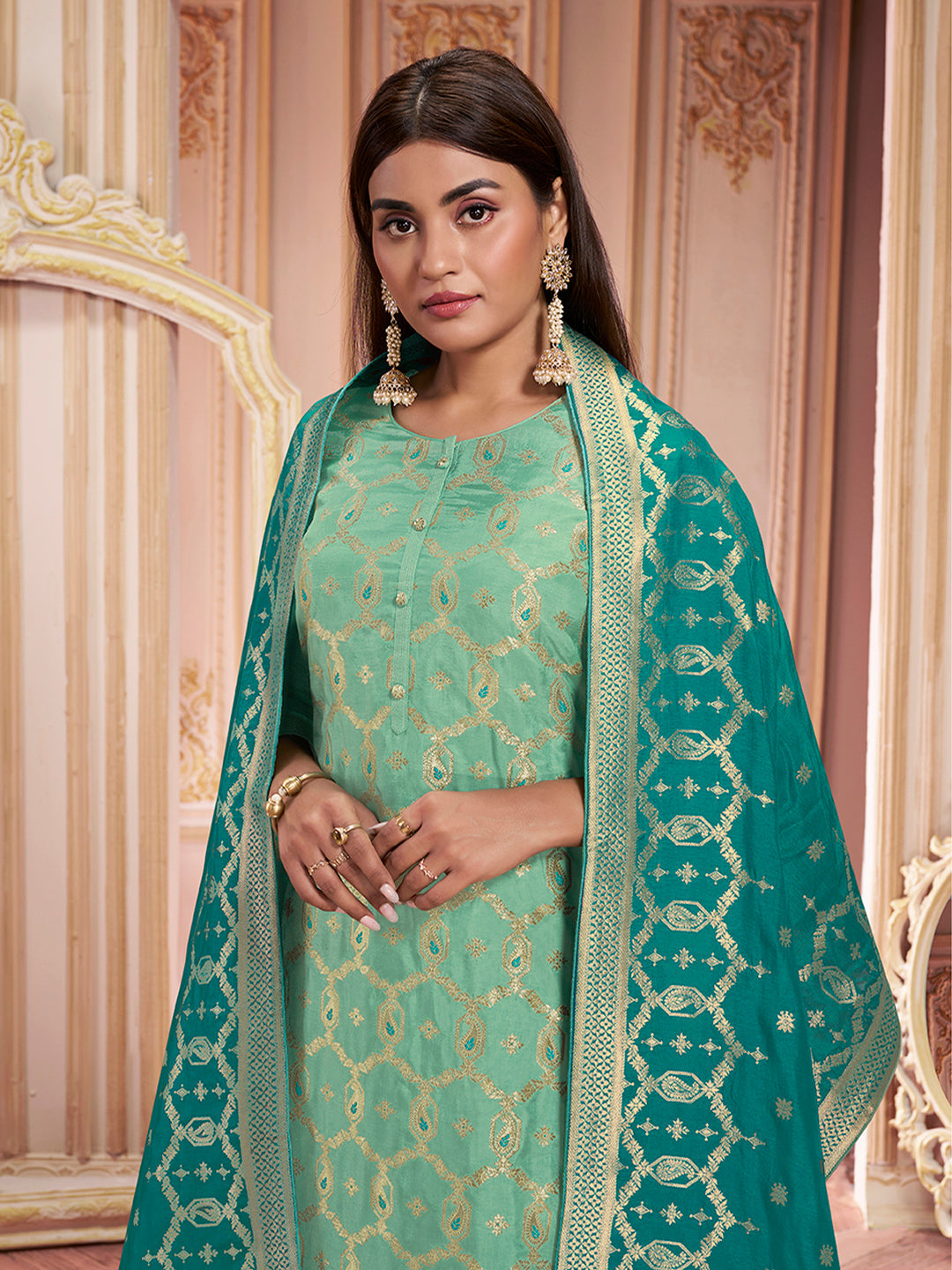 Sea Green Meena Keri Design Jacquard Kurta Suit Set Product vendor