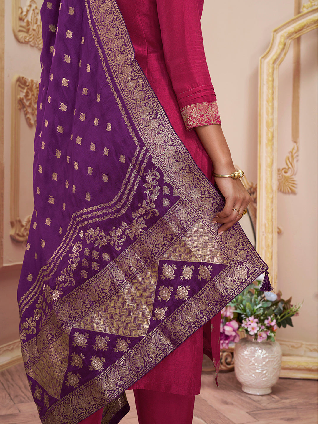 Vivid Burgundy Jacquard Kurta Suit Set Product vendor