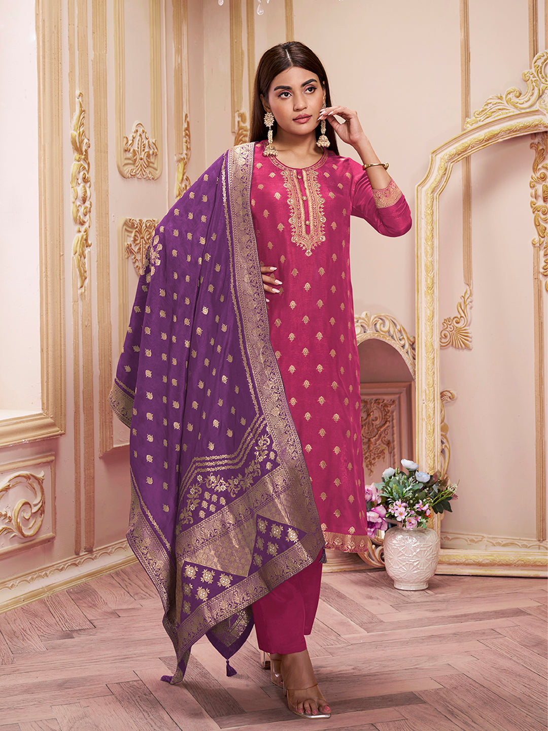 Vivid Burgundy Jacquard Kurta Suit Set Product vendor