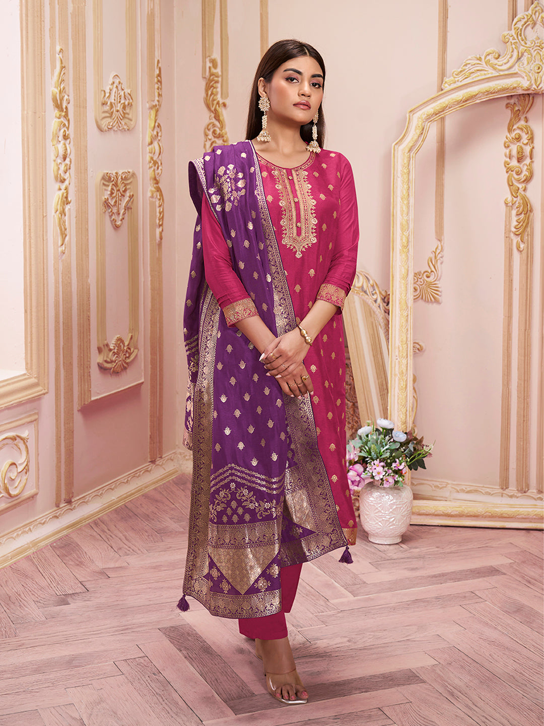 Vivid Burgundy Jacquard Kurta Suit Set Product vendor