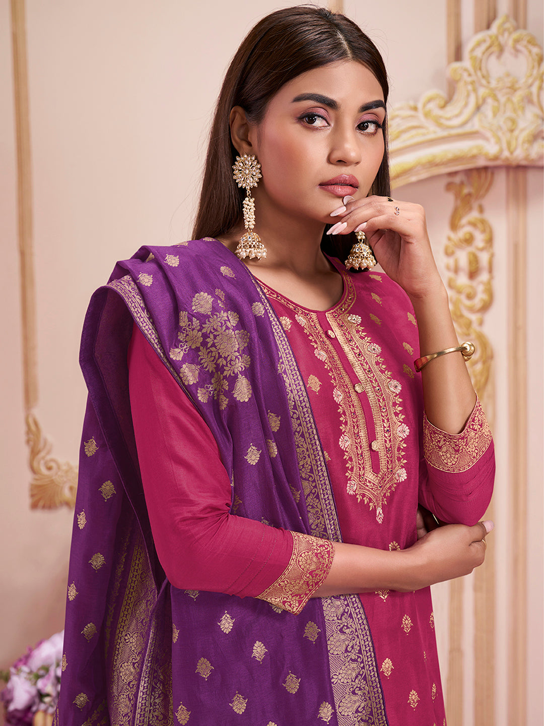 Vivid Burgundy Jacquard Kurta Suit Set Product vendor