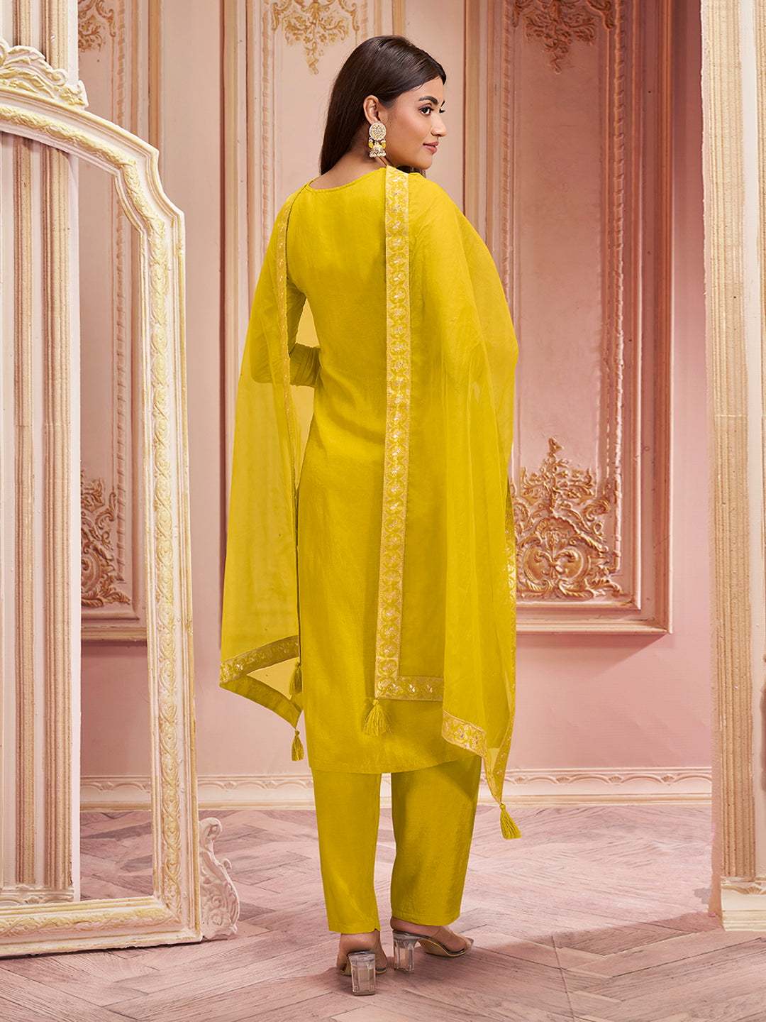 Yellow Panel Jacquard Kurta Suit Set Product vendor