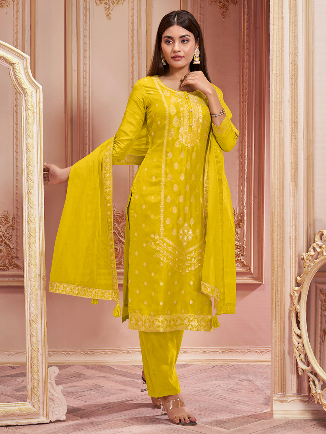 Yellow Panel Jacquard Kurta Suit Set Product vendor