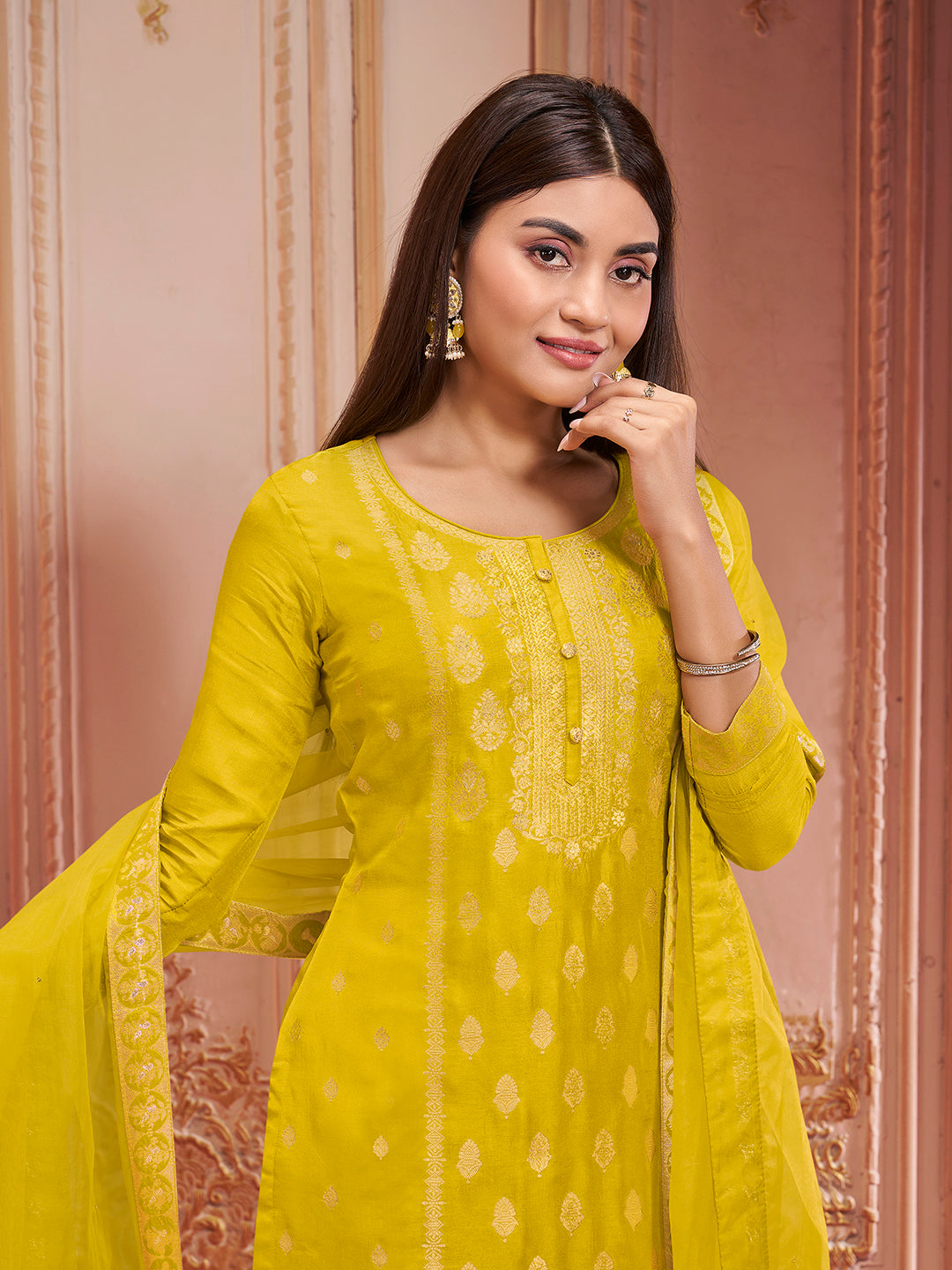 Yellow Panel Jacquard Kurta Suit Set Product vendor