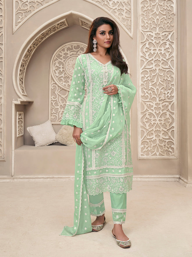 Green Organza Fabric with Shiffli work Kurta Suit Set Product vendor