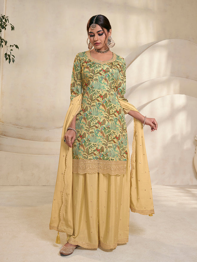 Yellow Chinon Digital Floral Printed Sharara Suit Set Product vendor