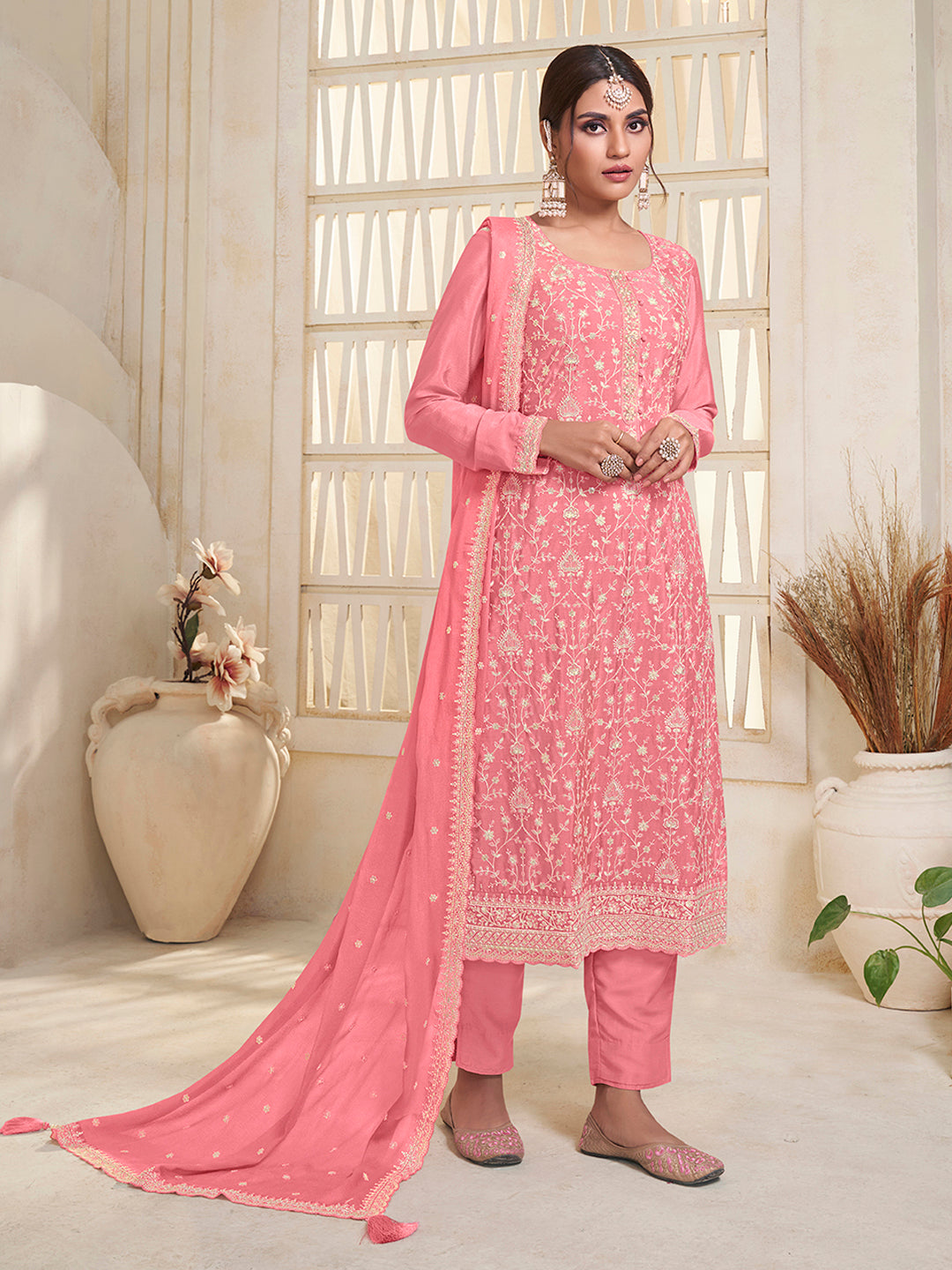 Leavender White Thread Embroidered KurtaPeach White Thread Embroidered Kurta Suit Set Suit Set Product vendor