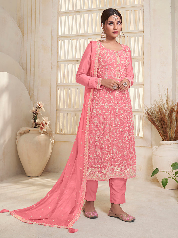 Leavender White Thread Embroidered KurtaPeach White Thread Embroidered Kurta Suit Set Suit Set Product vendor
