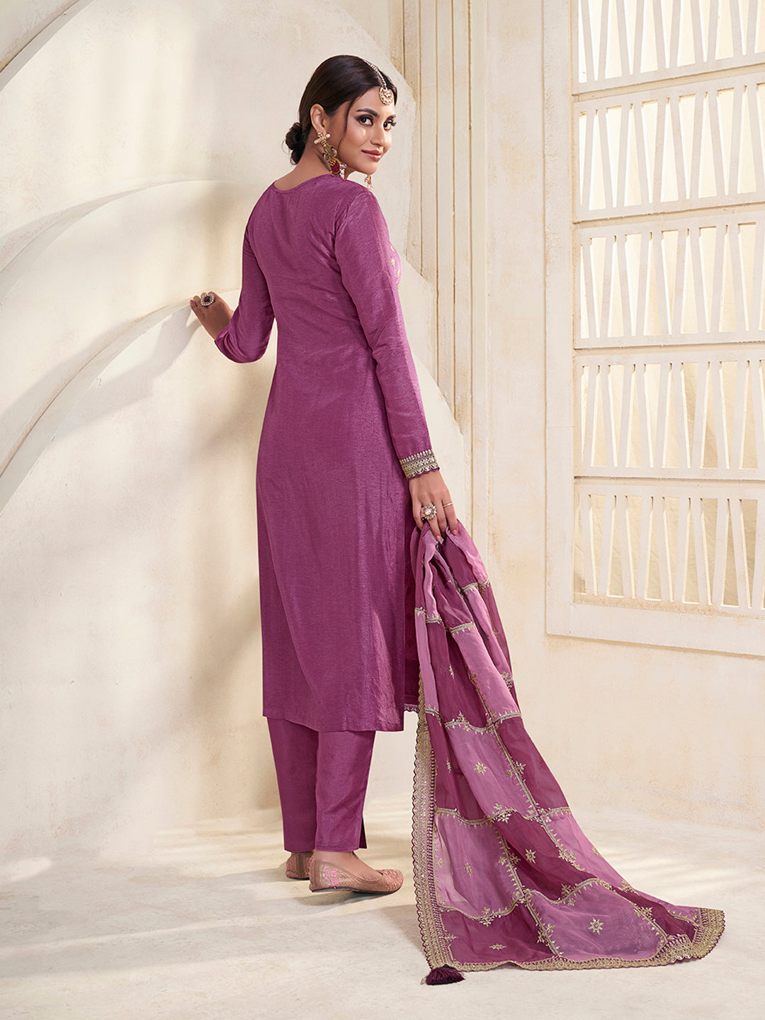 Wine Dola Jacquard with Heavy Sequins Embroidery Kurta Suit set