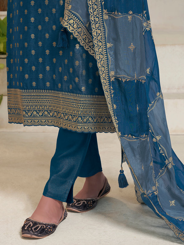 Blue Embroidered Kurta Set With Dola Jacquard and Heavy Sequins