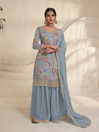 Blue Chinon Digital Floral Printed Sharara Suit Set Product vendor