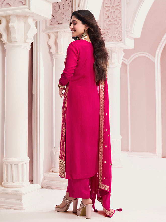 Hot Pink Chinon Fabric with Floral Jaal and Sequins Embroidery Kurta Suit Set