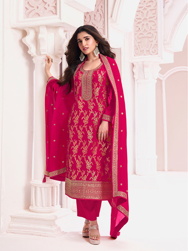 Hot Pink Chinon Fabric with Floral Jaal and Sequins Embroidery Kurta Suit Set