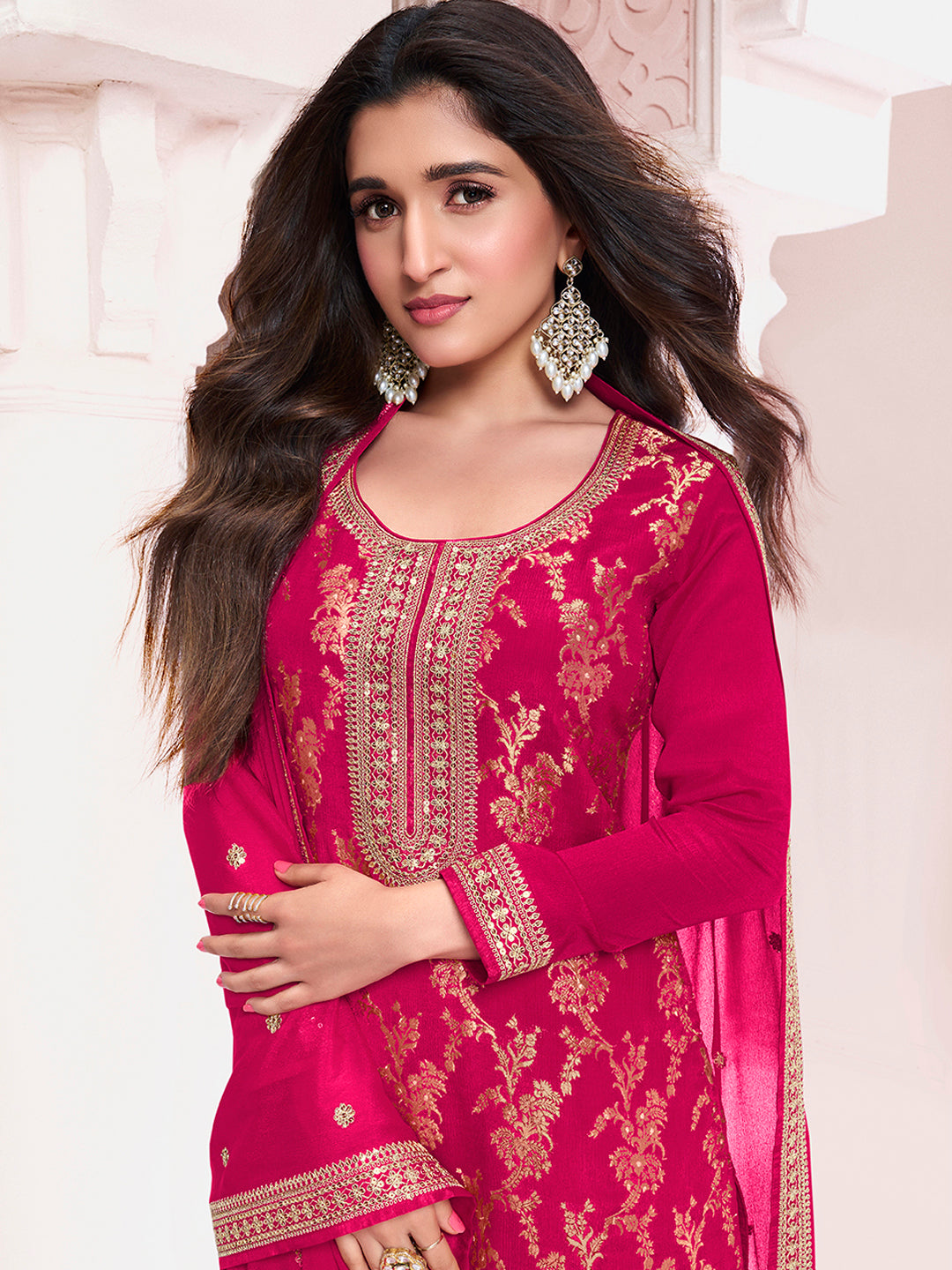 Hot Pink Chinon Fabric with Floral Jaal and Sequins Embroidery Kurta Suit Set