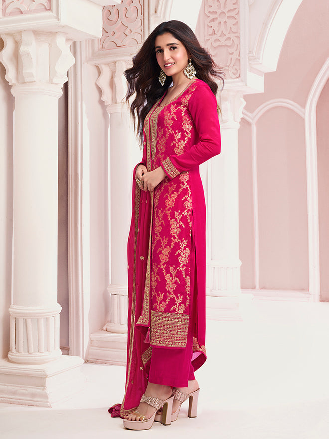 Hot Pink Chinon Fabric with Floral Jaal and Sequins Embroidery Kurta Suit Set