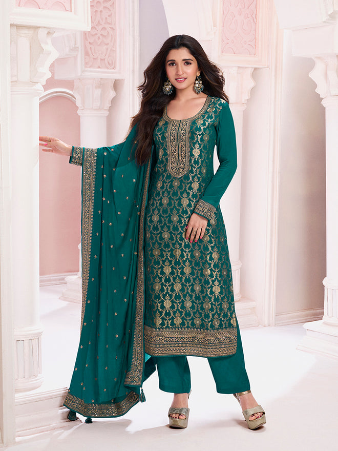 Green Chinon Fabric with Floral Jaal and Sequins Embroidery Kurta Suit Set