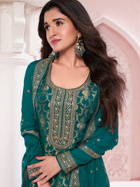 Green Chinon Fabric with Floral Jaal and Sequins Embroidery Kurta Suit Set