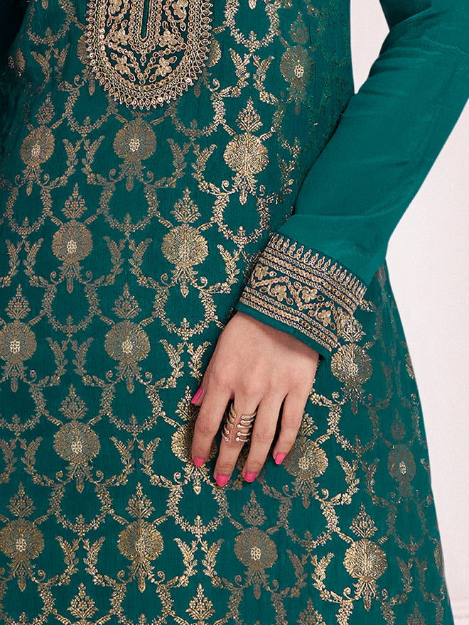 Green Chinon Fabric with Floral Jaal and Sequins Embroidery Kurta Suit Set