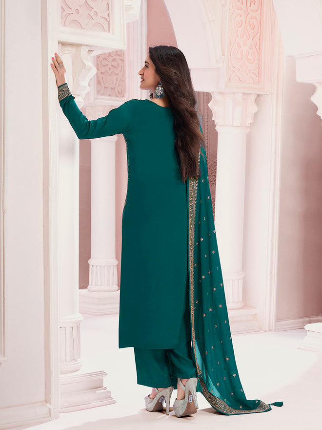 Green Chinon Fabric with Floral Jaal and Sequins Embroidery Kurta Suit Set