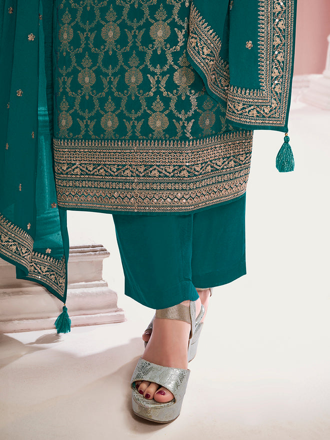 Green Chinon Fabric with Floral Jaal and Sequins Embroidery Kurta Suit Set
