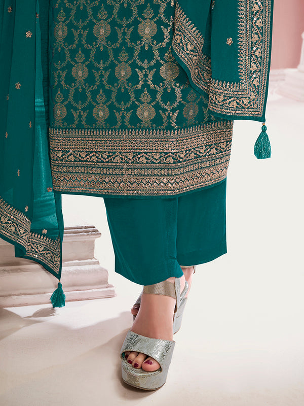 Green Chinon Fabric with Floral Jaal and Sequins Embroidery Kurta Suit Set