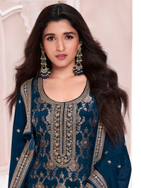 Navy Blue Chinon Kurta Set with Floral and Sequins Embroidery