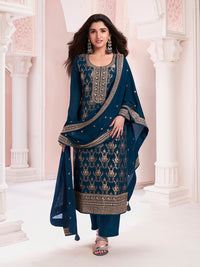 Navy Blue Chinon Kurta Set with Floral and Sequins Embroidery