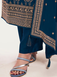 Navy Blue Chinon Kurta Set with Floral and Sequins Embroidery
