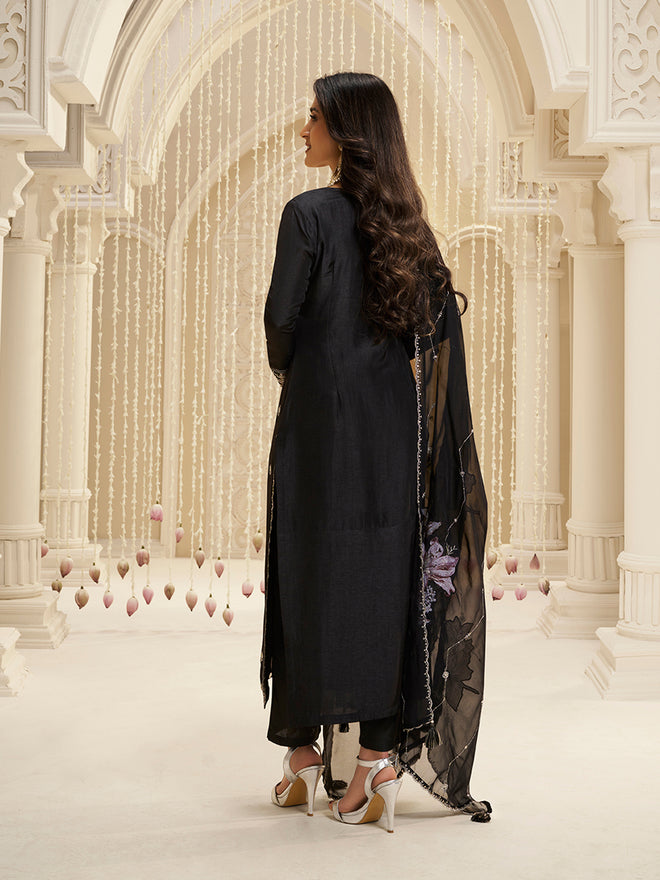 Black Cutwork Neckline Dola Silk Kurta Suit Set with Floral Applique Dupatta