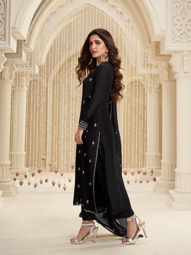 Black Cutwork Neckline Dola Silk Kurta Suit Set with Floral Applique Dupatta