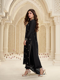 Black Cutwork Neckline Dola Silk Kurta Suit Set with Floral Applique Dupatta