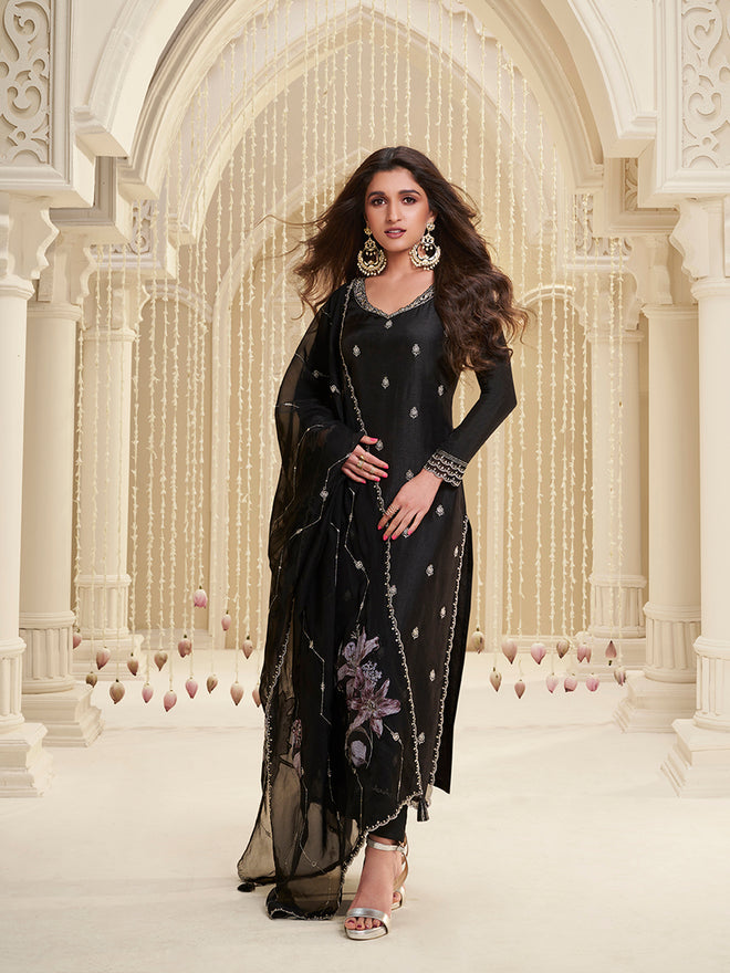 Black Cutwork Neckline Dola Silk Kurta Suit Set with Floral Applique Dupatta