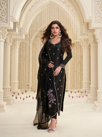 Black Cutwork Neckline Dola Silk Kurta Suit Set with Floral Applique Dupatta