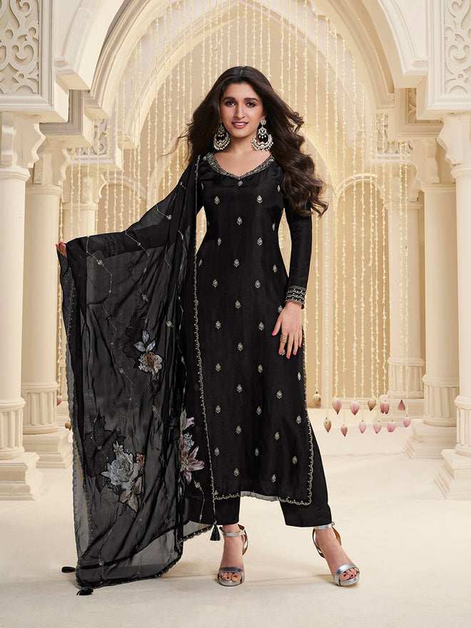 Black Cutwork Neckline Dola Silk Kurta Suit Set with Floral Applique Dupatta
