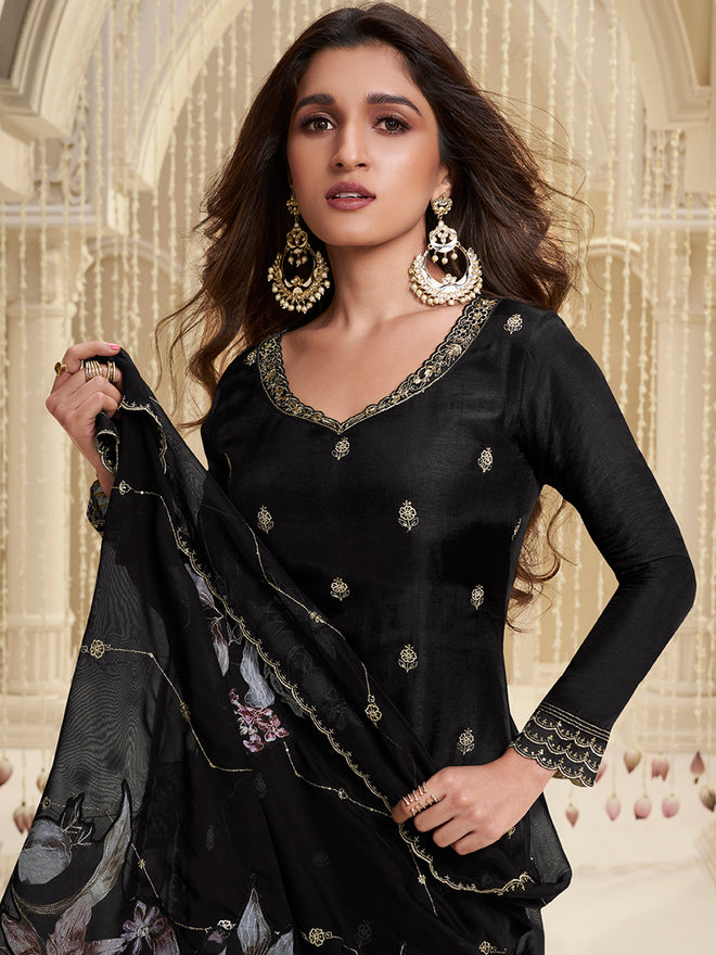 Black Cutwork Neckline Dola Silk Kurta Suit Set with Floral Applique Dupatta