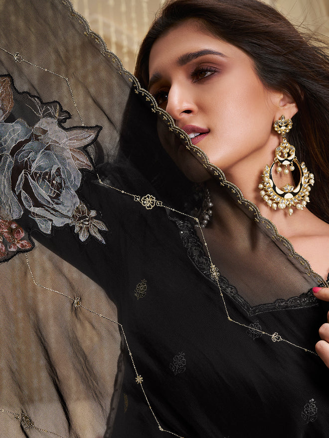 Black Cutwork Neckline Dola Silk Kurta Suit Set with Floral Applique Dupatta