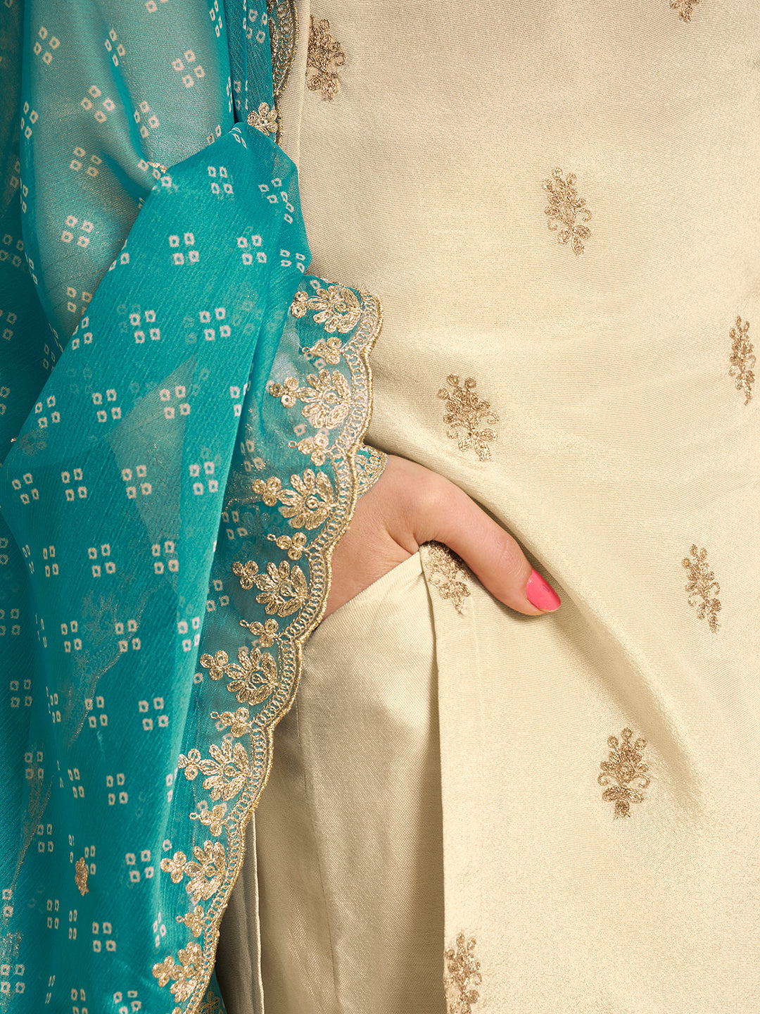 Off-White Tissue with Bandhi Print Colour Contrast Dupatta Kurta Suit Set
