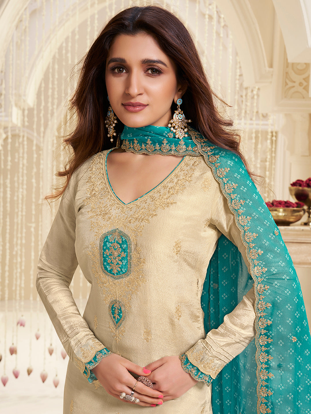 Off-White Tissue with Bandhi Print Colour Contrast Dupatta Kurta Suit Set
