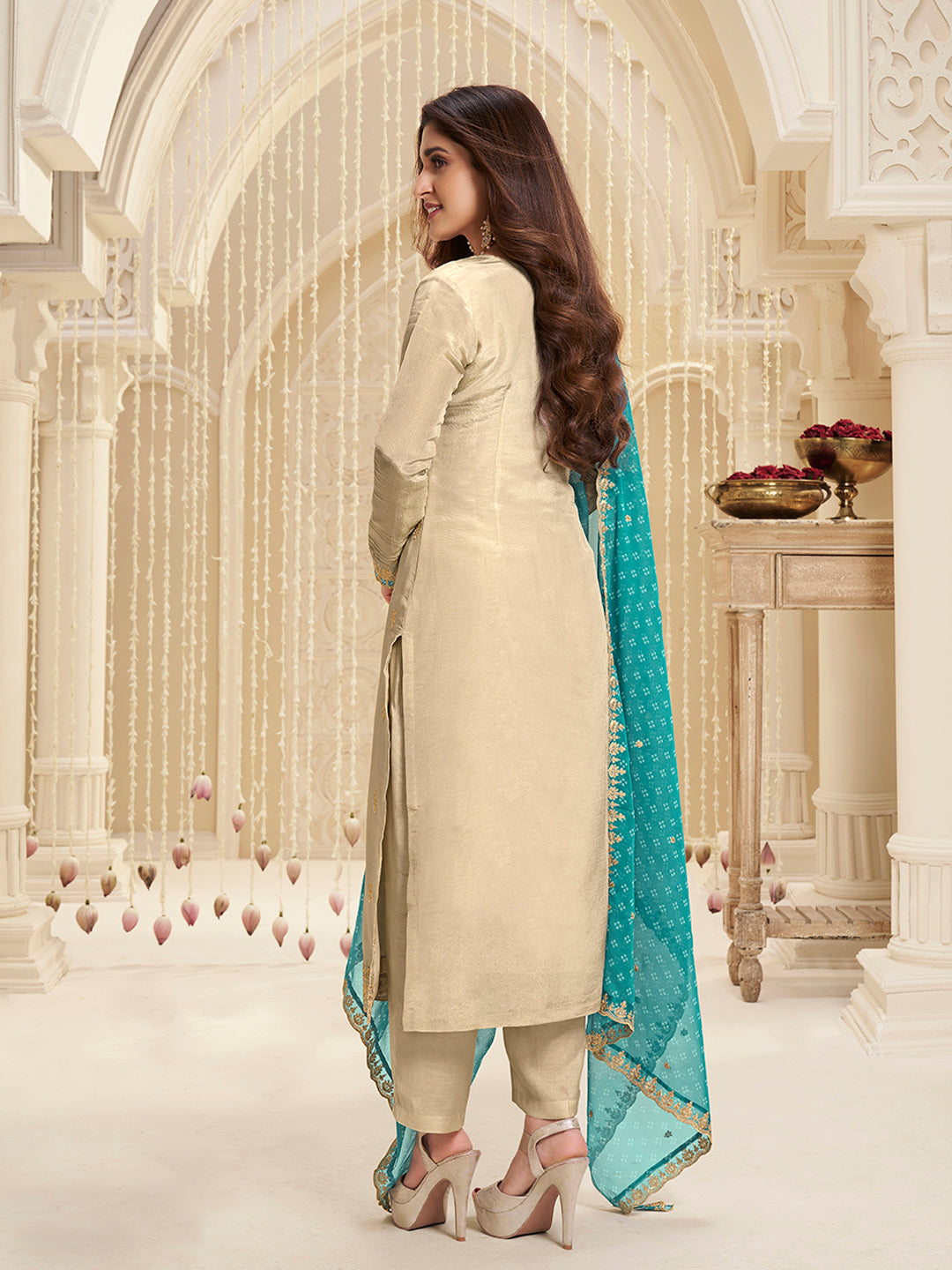 Off-White Tissue with Bandhi Print Colour Contrast Dupatta Kurta Suit Set