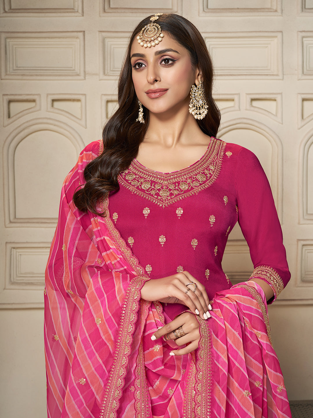 Pink Chinon Top, Embellished Sharara, and Lehariya Printed Dupatta Sharara Suit Set