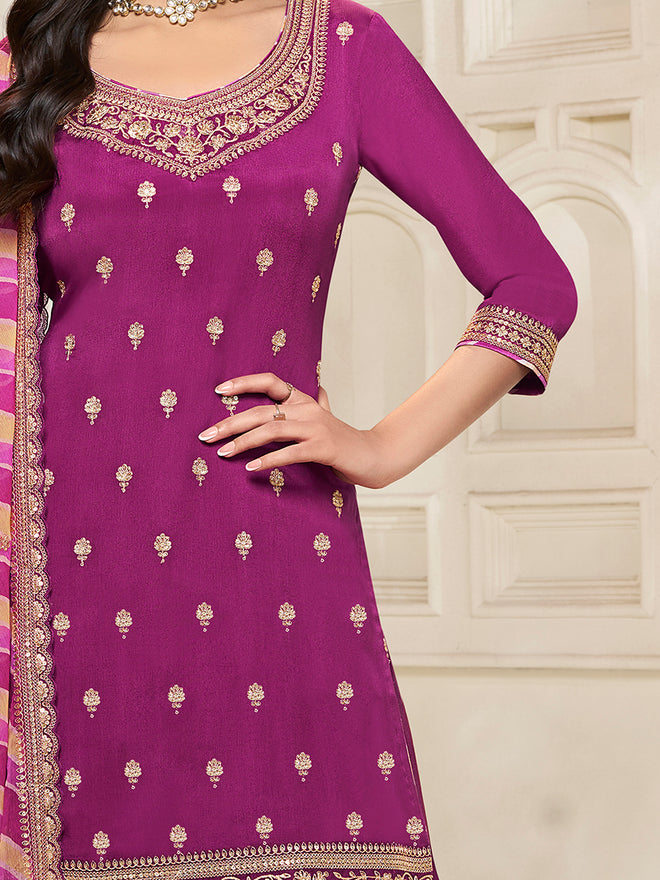 Purple Chinon Top, Embellished Sharara, and Lehariya Printed Dupatta Sharara Suit Set