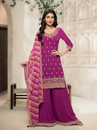 Purple Chinon Top, Embellished Sharara, and Lehariya Printed Dupatta Sharara Suit Set