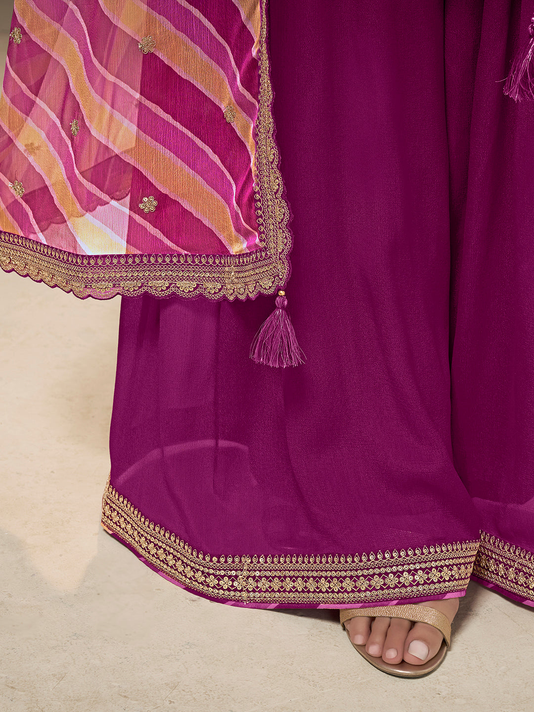 Purple Chinon Top, Embellished Sharara, and Lehariya Printed Dupatta Sharara Suit Set