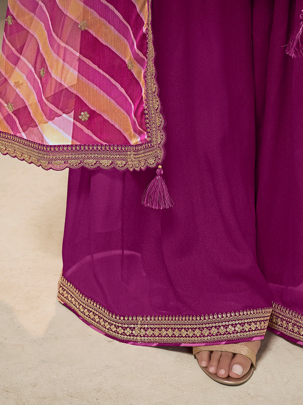 Purple Chinon Top, Embellished Sharara, and Lehariya Printed Dupatta Sharara Suit Set