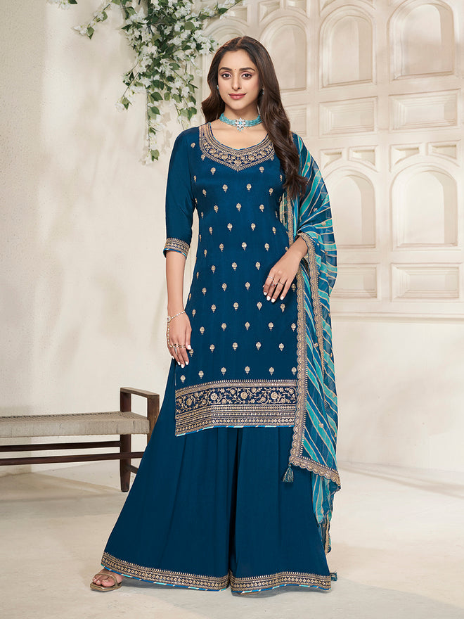 Royal Blue Sharara Suit with Chinon Top and Printed Dupatta