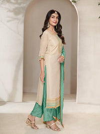 Off-white Tissue Sequins Embroidery Kurta With Green Dupatta
