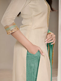 Off-white Tissue Sequins Embroidery Kurta With Green Dupatta